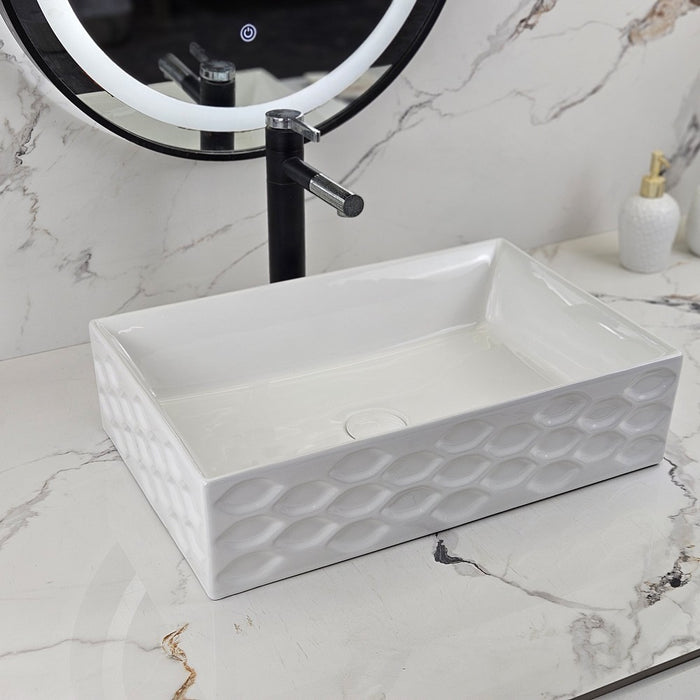 550*360*140mm Infinity Gloss White Rectangle Ceramic Scalloped Embossed Above Counter Basin