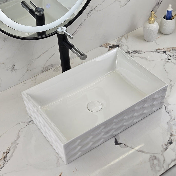 550*360*140mm Infinity Gloss White Rectangle Ceramic Scalloped Embossed Above Counter Basin
