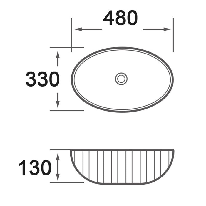 480*330*130mm Infinity Gloss White Oval Ceramic Fluted Above Counter Basin