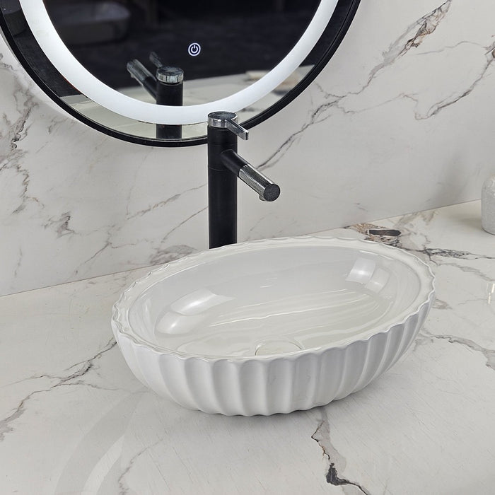 480*330*130mm Infinity Gloss White Oval Ceramic Fluted Above Counter Basin