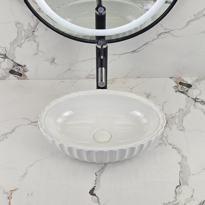 480*330*130mm Infinity Gloss White Oval Ceramic Fluted Above Counter Basin