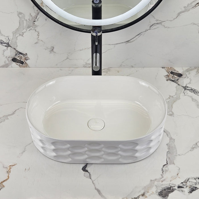 550*360*140mm Infinity Gloss White Oval Ceramic Scalloped Embossed Above Counter Basin