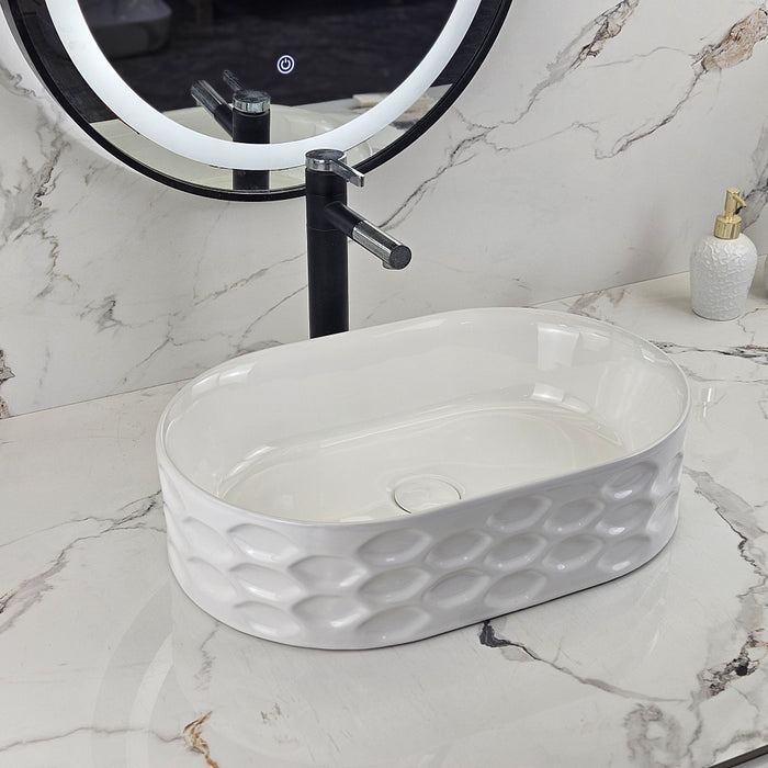 550*360*140mm Infinity Gloss White Oval Ceramic Scalloped Embossed Above Counter Basin