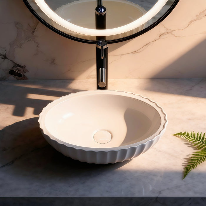 480*330*130mm Infinity Gloss White Oval Ceramic Fluted Above Counter Basin