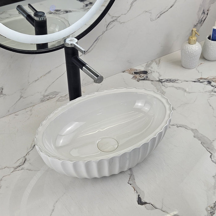 480*330*130mm Infinity Gloss White Oval Ceramic Fluted Above Counter Basin