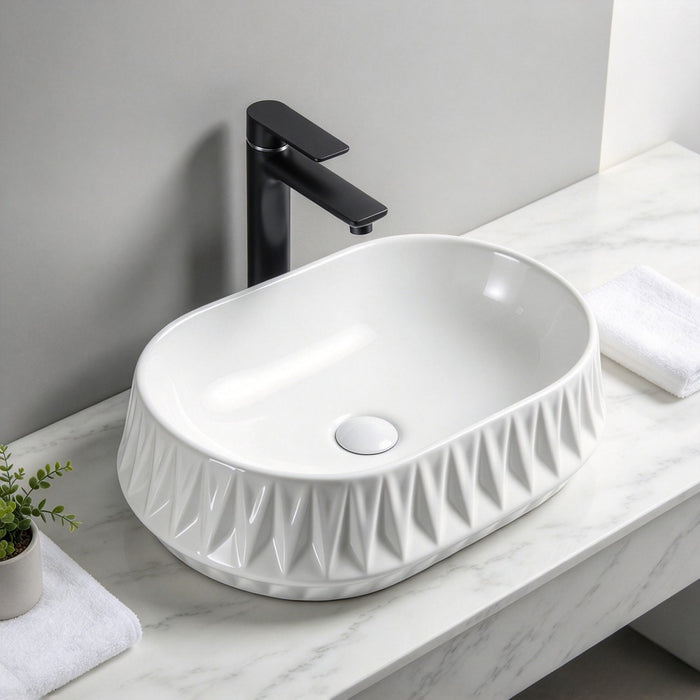 530*370*135mm Infinity Oval Ceramic Faceted Texture Above Counter Basin