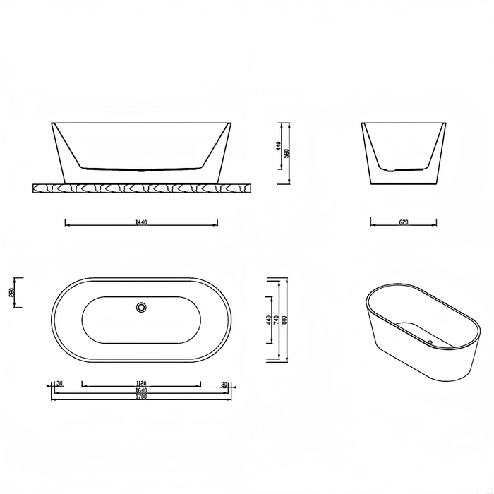 1200/1350/1500/1700mm Broadway Ovalo White Acrylic FreeStanding Bath Tub