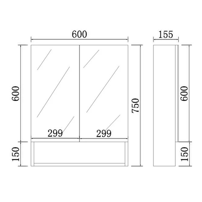600-1500*750*155mm Poseidon Stella Oak Moisture Resistant Plywood Glass Rectangle Shaving Cabinet
