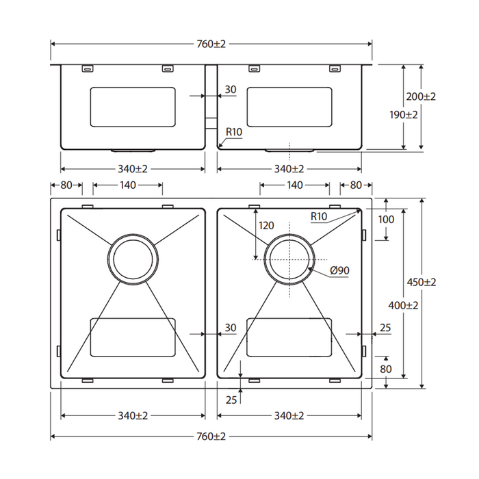 760*450*200mm Fienza Hana 27L/27L PVD Brushed Copper Stainless Steel Double Bowl Kitchen Sink Kit