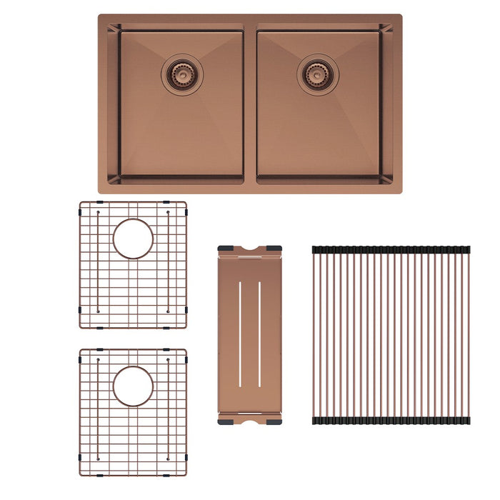760*450*200mm Fienza Hana 27L/27L PVD Brushed Copper Stainless Steel Double Bowl Kitchen Sink Kit