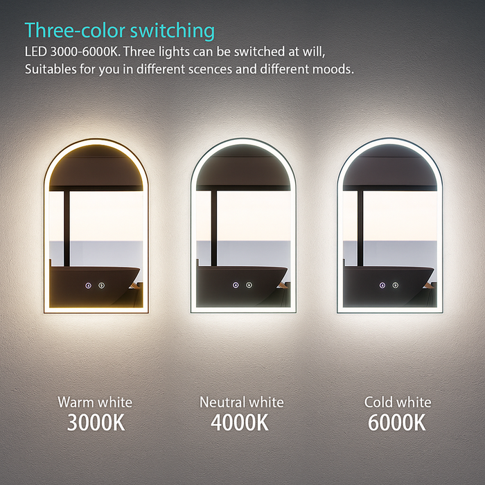 800*450/900*600mm ABS Dual Lighting (Front & Back) Dimmable 3 Colors With Defog Framed LED Arch Wall Mirror