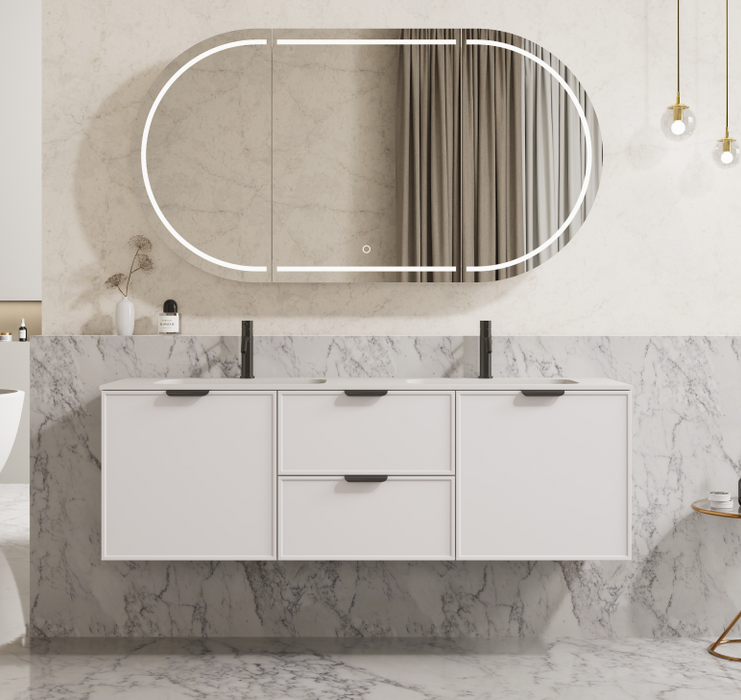 600-1500*455*480mm Poseidon Miami Matt White PVC Finger Pull Handle Bathroom Wall Hung Vanity