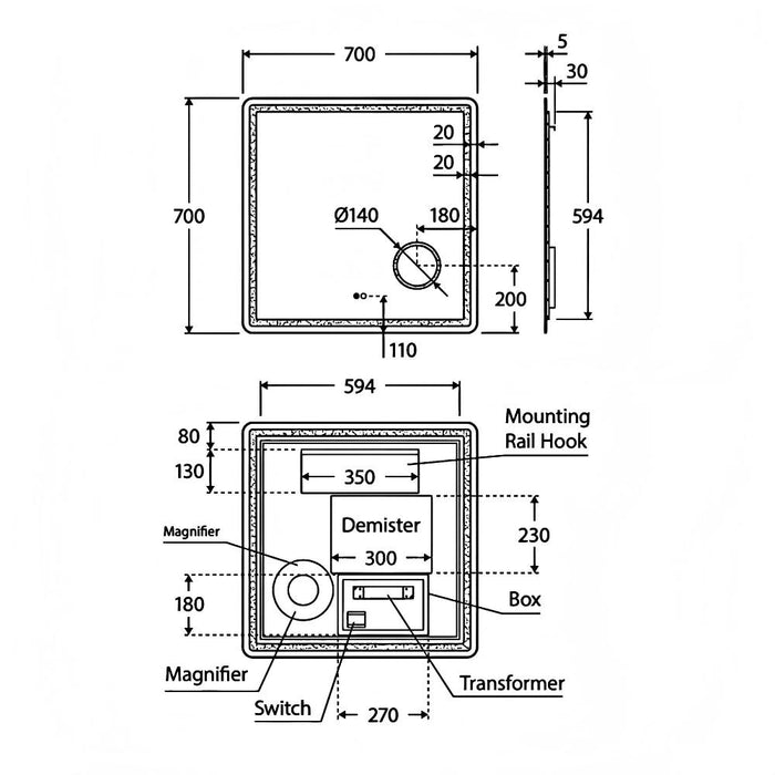 700-1400*700mm Fienza Deejay Frameless Rectangle LED Mirror With Circular Magnifying