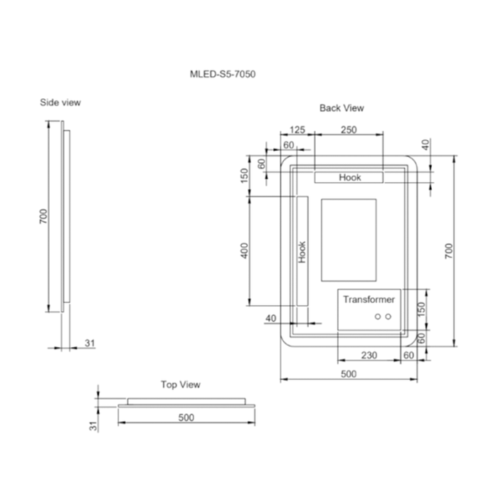 500-1500*30mm ABS S5 Three Color Lights Backlit Rectangle Square With Defogging Function Easy Hook LED Mirror