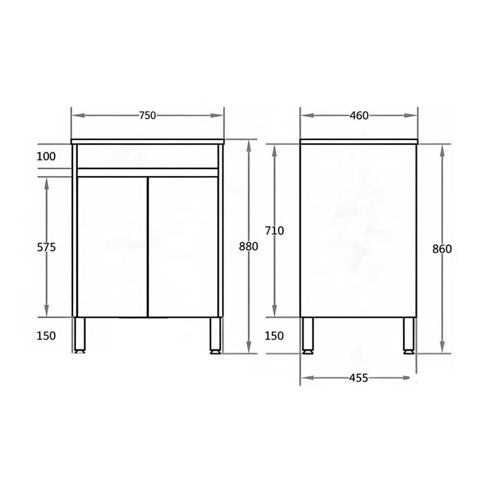 600-750*460*880mm Poseidon Standard With Kickboard PVC Gloss White Freestanding Vanity
