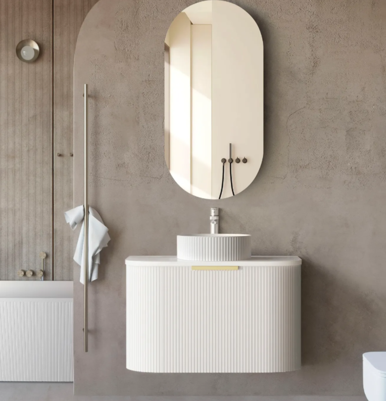 750*460*450mm OTTI Bondi Stain White High Moisture Resistant Plywood Curve Fluted Bathroom Wall Hung Vanity