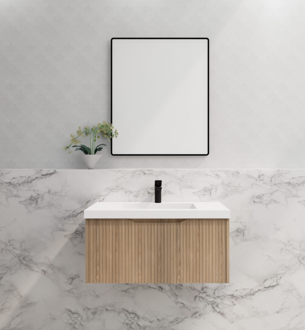 600-1800*450*400mm ABS Vienna American Oak MR Melamined Board Panel With PVC Coating Fluted Wall Hung Vanity - HD reno