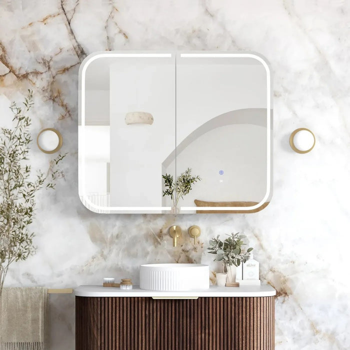 900-1500*750mm Otti LED Newport Sable Walnut Rectangle Curved Moisture Resistant Plywood Shaving Cabinet