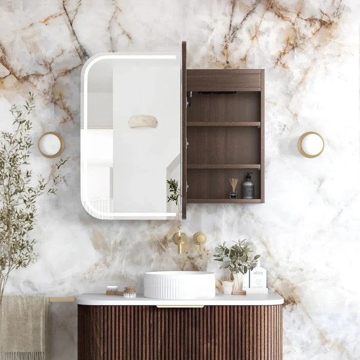 900-1500*750mm Otti LED Newport Sable Walnut Rectangle Curved Moisture Resistant Plywood Shaving Cabinet