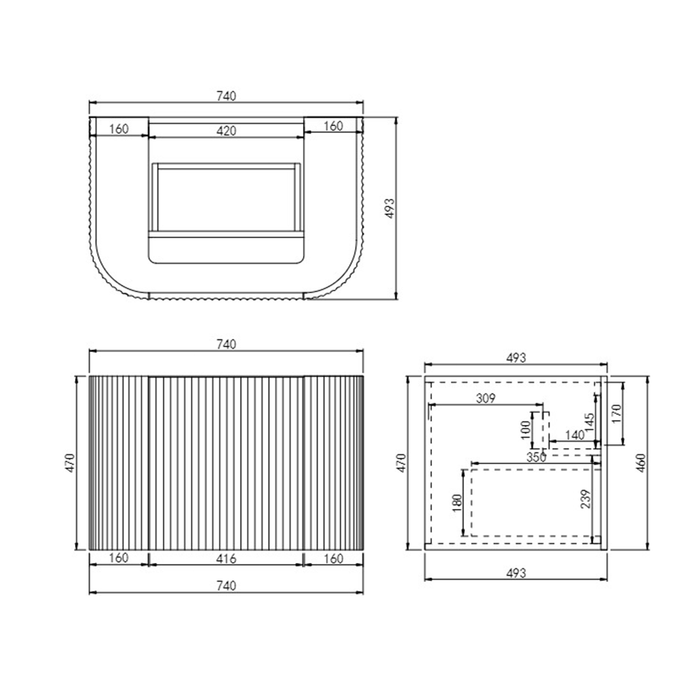 600-1800*500*470mm Poseidon Avalon Matt Black PVC Fluted Wall Hung Bathroom Vanity