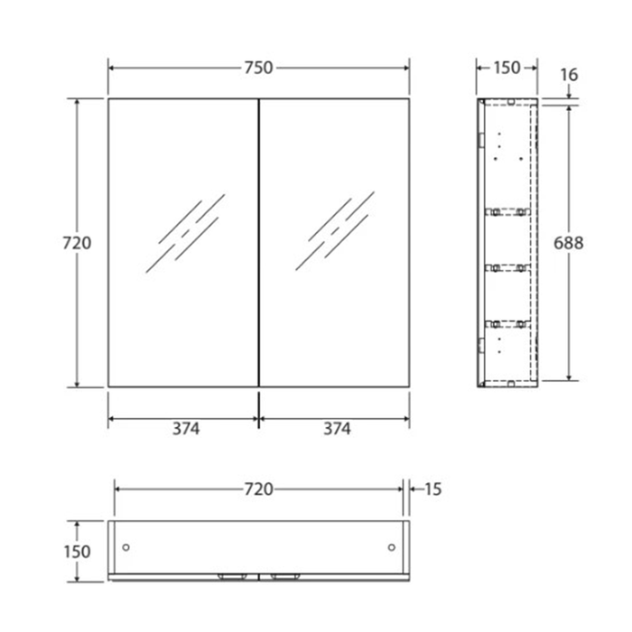 600-1200*720*150mm Fienza Gloss White E1 MDF Board Copper-free Glass Rectangle Pencil Edge Shaving Cabinet