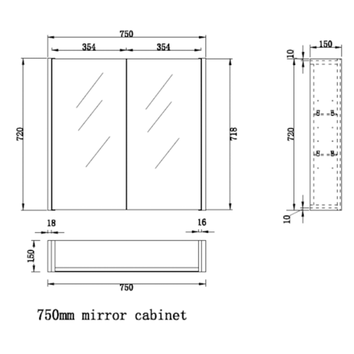 450-1500*720*150mm ABS Geneva Fluted Wall Hung Oak Timber Matt Black Mirror Shaving Cabinet