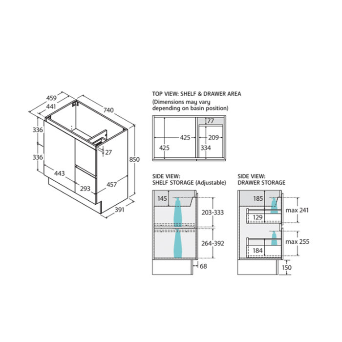 600-1800*400*850mm Door & Drawer Floor Standing Vanity