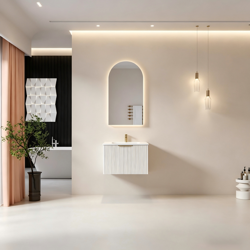 600-1500*455*830mm Infinity Thena White High-Moisture Resistant Plywood Fluted Wall Hung Bathroom Vanity