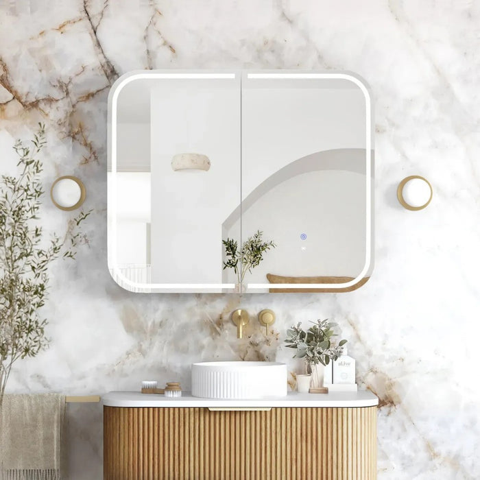 900-1500*750mm Otti LED Newport Woodland Oak Rectangle Curved Moisture Resistant Plywood Shaving Cabinet