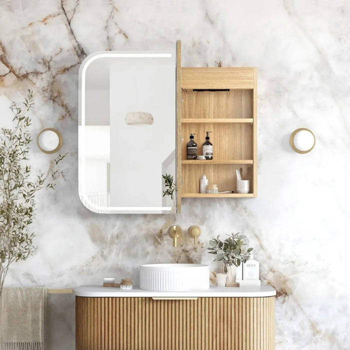 900-1500*750mm Otti LED Newport Woodland Oak Rectangle Curved Moisture Resistant Plywood Shaving Cabinet