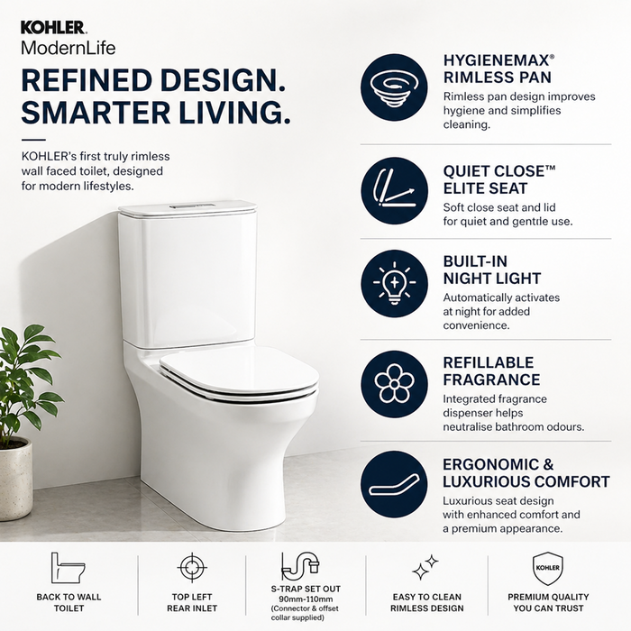 650*395*800mm Kohler ModernLife Top Inlet Rimless Back To Wall Toilet Suite