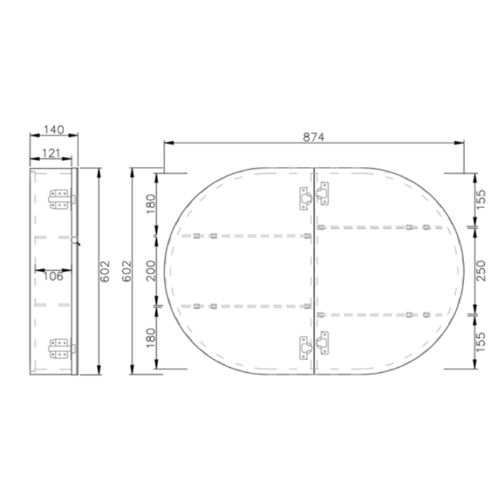 870*600*140mm ABS London Oval Matt Black/Matt White Mirror Shaving Cabinet