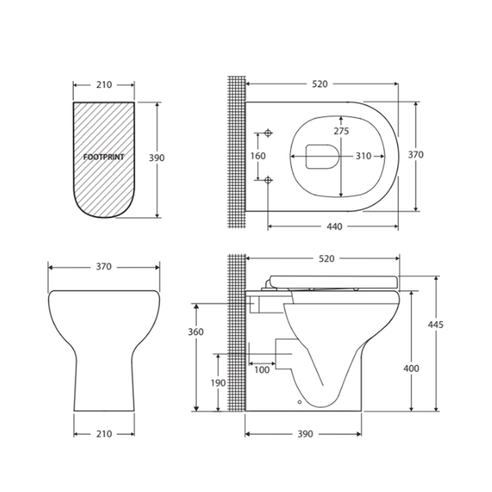 520*370*445mm Fienza RAK Compact Gloss White Rimless Wall Faced Toilet