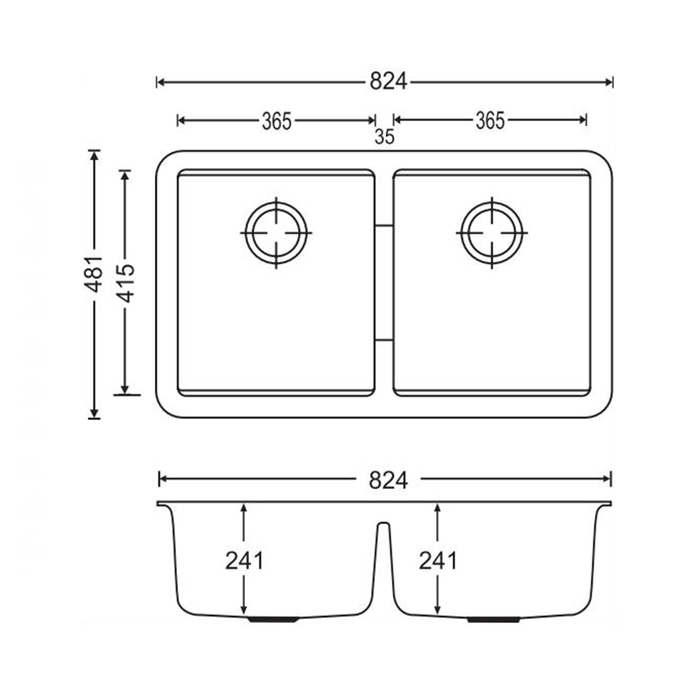 824*481*241mm Carysil Granite Double Bowl Kitchen Sink