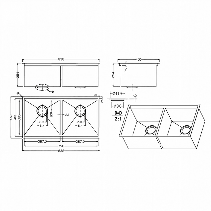 840*450*255mm Sunny Rectangle Double Bowl Kitchen Sink With Full Accessories