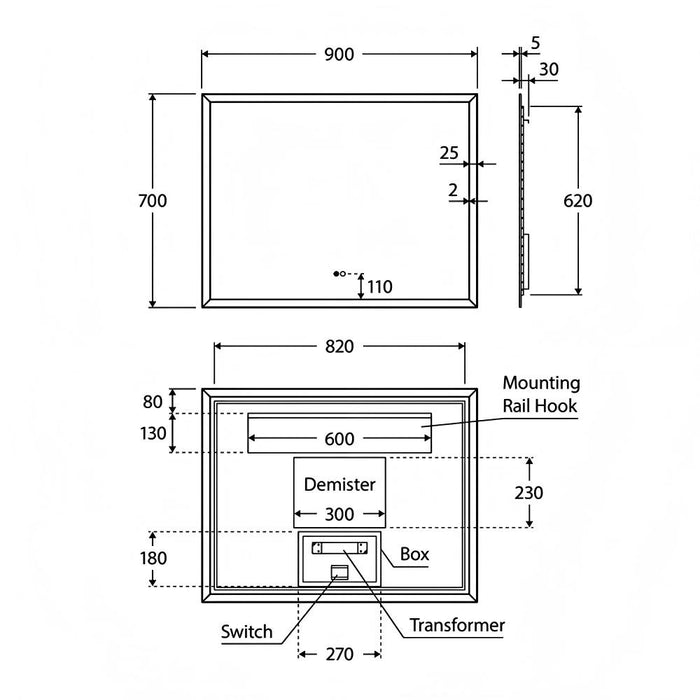 900-1200*700*5mm Fienza Hampton Rectangular Touch Sensors Frameless LED Mirror