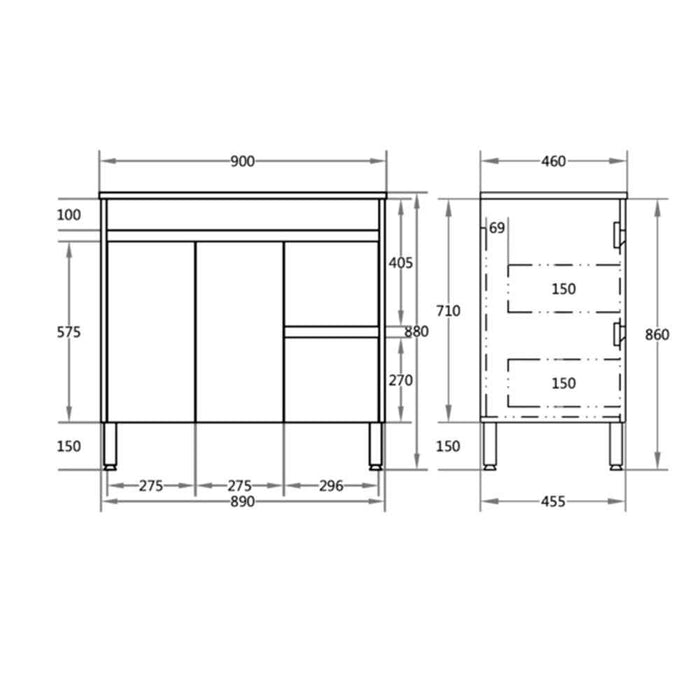 900-1800*460mm Bathroom Vanity Standard PVC Gloss White Freestanding With Kickboard Vanity