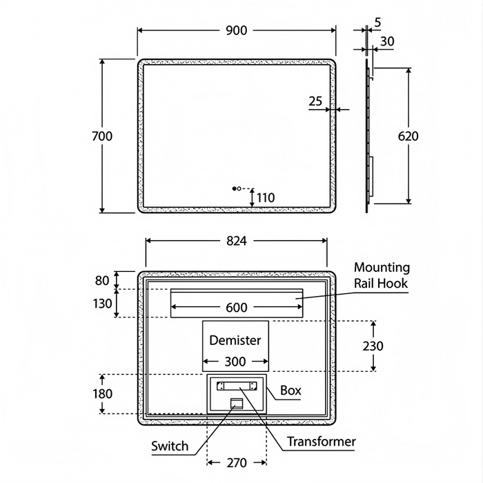 900-1400*700mm Fienza Luciana Rectangular Touch Sensors Framed LED Mirror