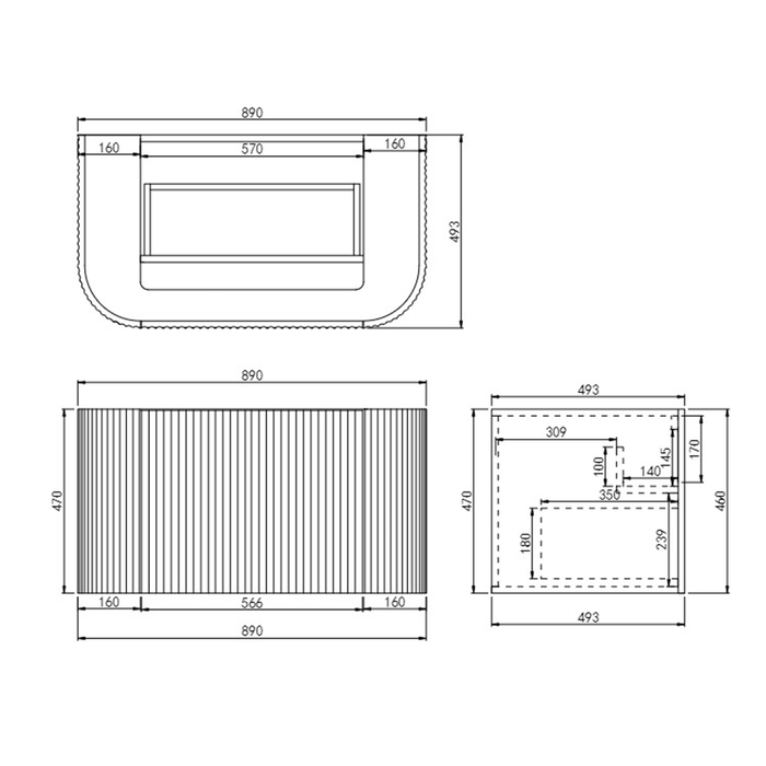 600-1800*500*470mm Poseidon Avalon Matt Black PVC Fluted Wall Hung Bathroom Vanity