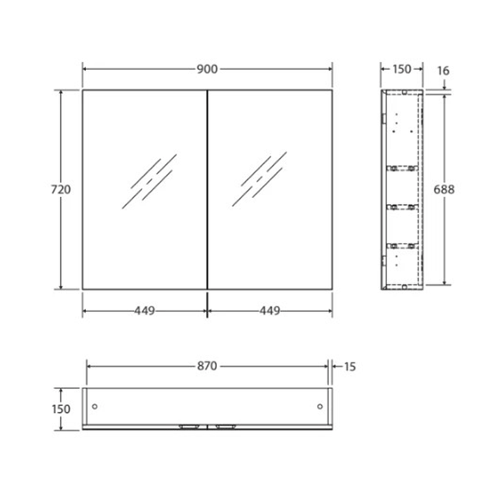 600-1200*720*150mm Fienza Gloss White E1 MDF Board Copper-free Glass Rectangle Pencil Edge Shaving Cabinet