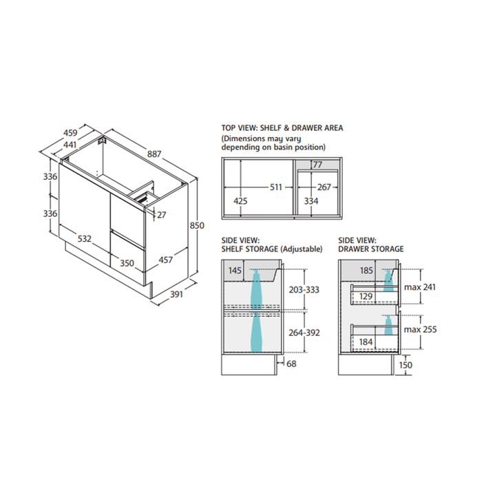 600-1800*400*850mm Door & Drawer Floor Standing Vanity