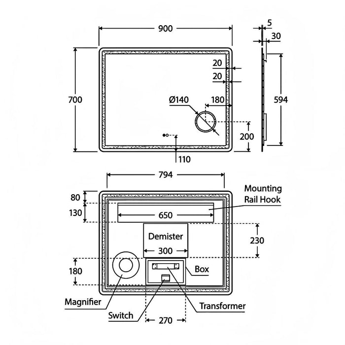 700-1400*700mm Fienza Deejay Frameless Rectangle LED Mirror With Circular Magnifying