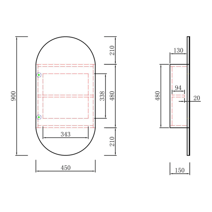 450*900*151mm Aulic Beau Monde Matt White/Mia/Max/Carita Copper-free Glass Oval Shaving Cabinet