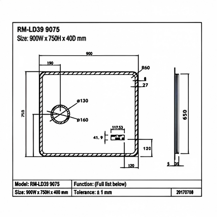 900-1500*800*40mm Sima Frameless Glass Copper-free Rectangle with Clock & Temperature LED Mirror