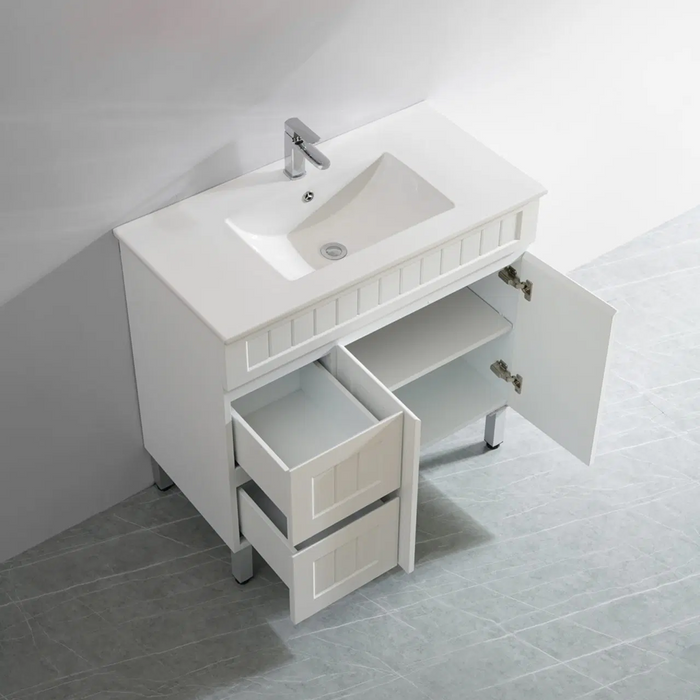 900-1500*460mm Acacia Matte White Bathroom Vanity Freestanding With Legs Left/Right Drawers Cabinet Only and Ceramic/Stone Top Available - HD reno