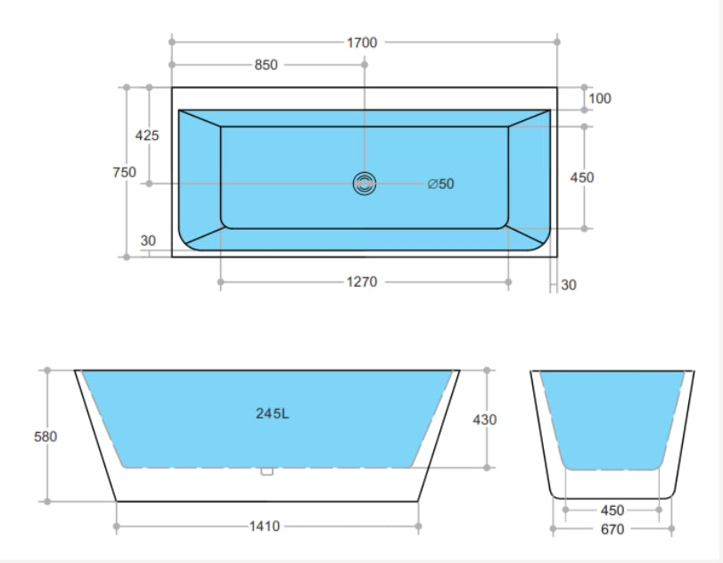 1570-1700*750*580mm Poseidon ABT Gloss White Rectangle Acrylic Back To Wall Bathtub