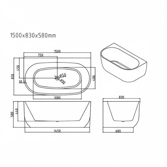 1500/1700mm Mercio Anna Gloss White Oval Back To Wall Bathtub