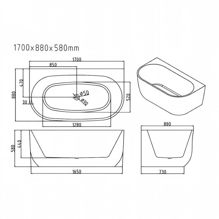 1500/1700mm Mercio Anna Gloss White Oval Back To Wall Bathtub
