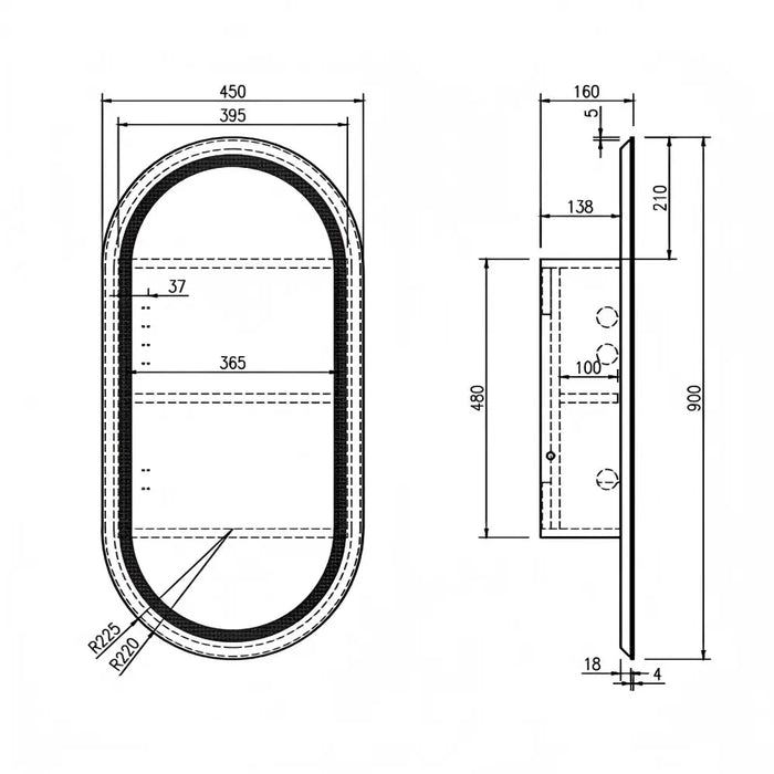 450*900mm Mercio Athena Frameless Oval PVC Matt White LED Shaving Cabinet