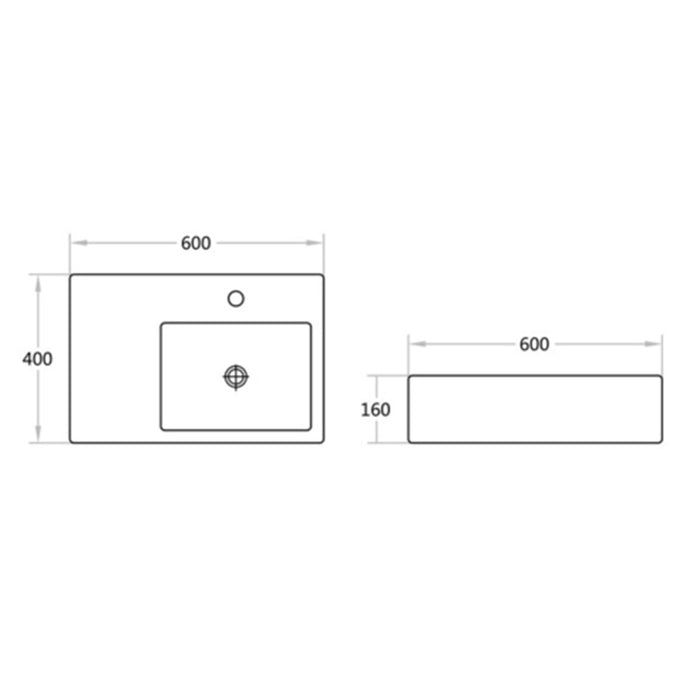 600*400*160mm Poseidon B35 Gloss White Ceramic Rectangle With Overflow 1 Tap Hole Right Hand Bowl Wall Hung Basin